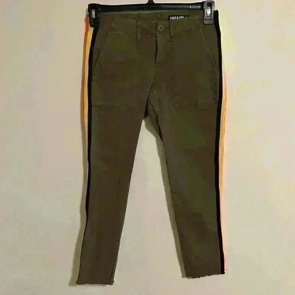 pam and gela Military Uniform Side Stripe Step Hem Jean Pants Size 26 Olive - Picture 1 of 6